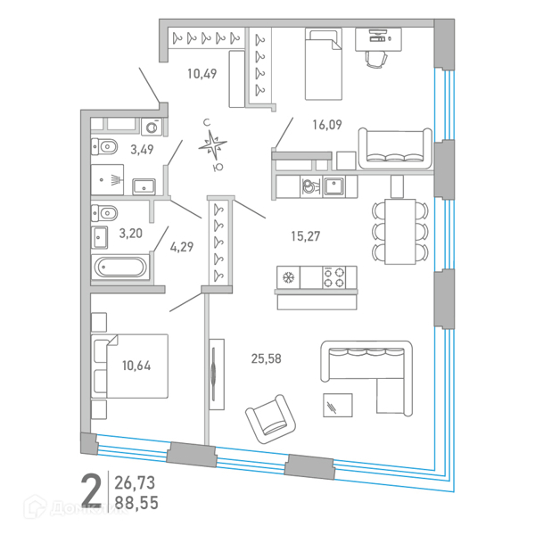 Планировка: 2 комнаты · 88,56 м²