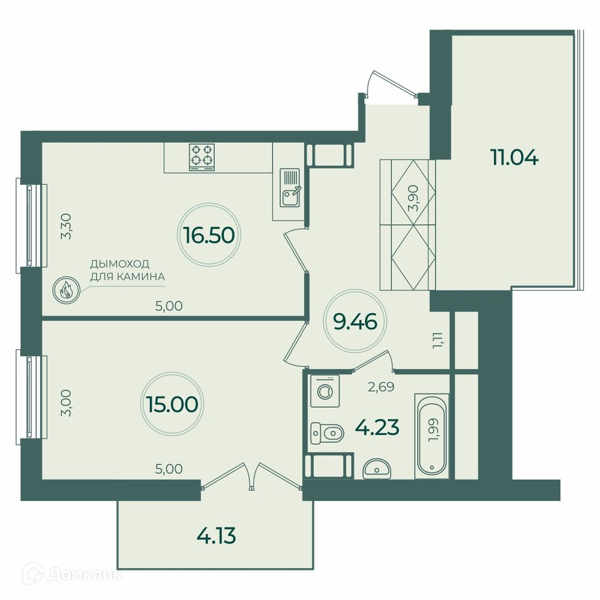 Планировка: 1 комната · 49,74 м²