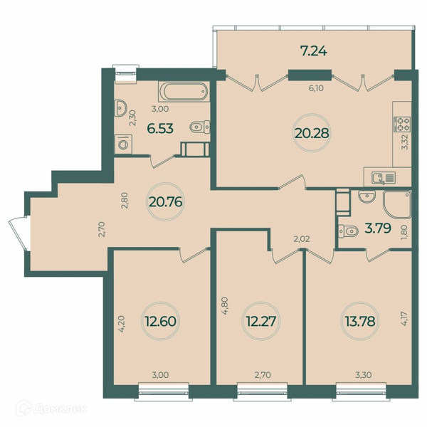 Планировка: 3 комнаты · 92,18 м²