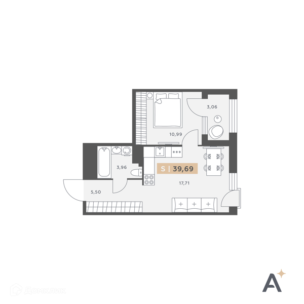 Планировка: 1 комната · 39,69 м²