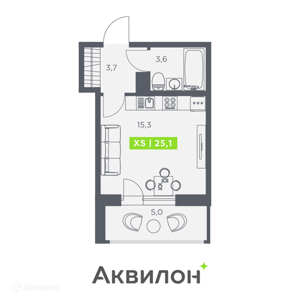 Планировка квартиры: Студия · 25,1 м²