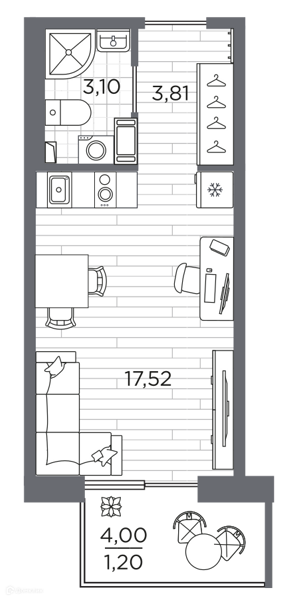 Планировка квартиры: Студия · 25,63 м²