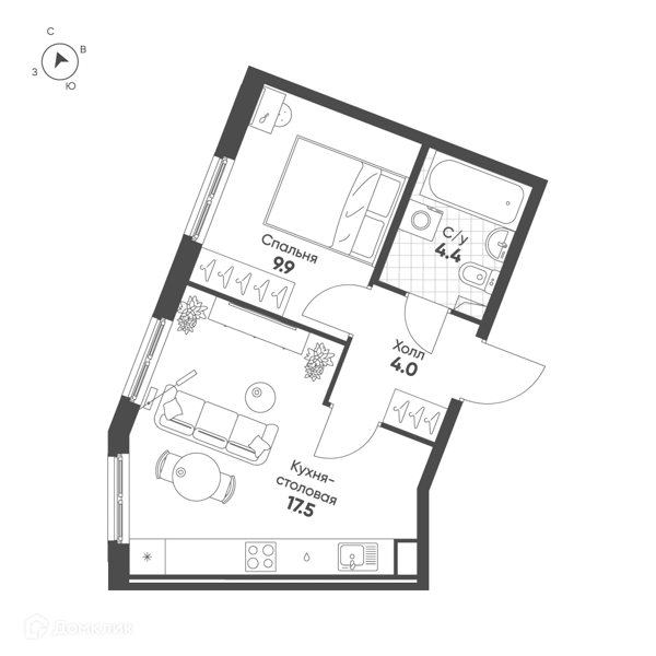 Планировка: 1 комната · 35,8 м²