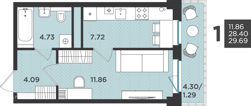 Планировка квартиры: 1 комната · 29,69 м²