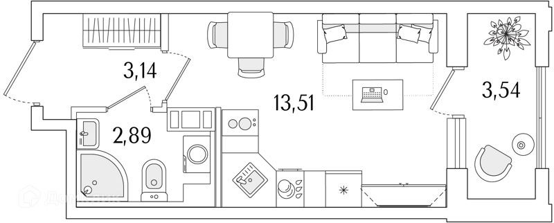 Планировка: Студия · 21,31 м²