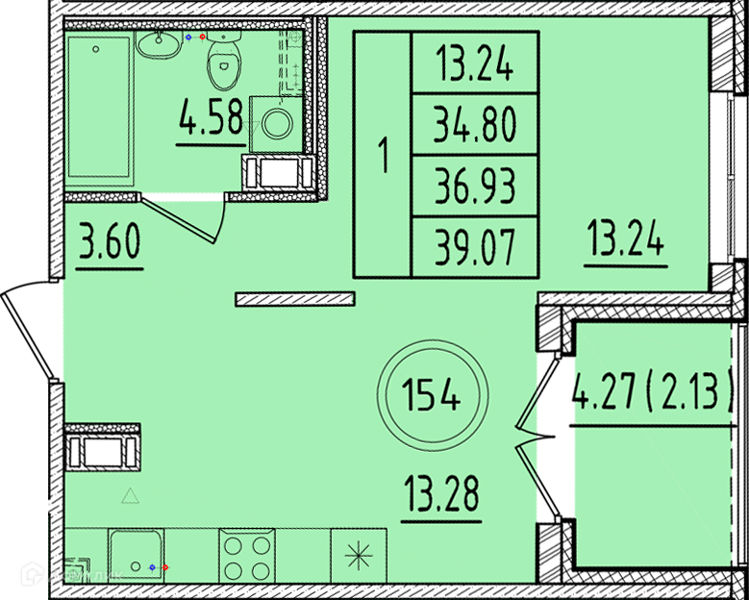 Планировка: 1 комната · 34,8 м²