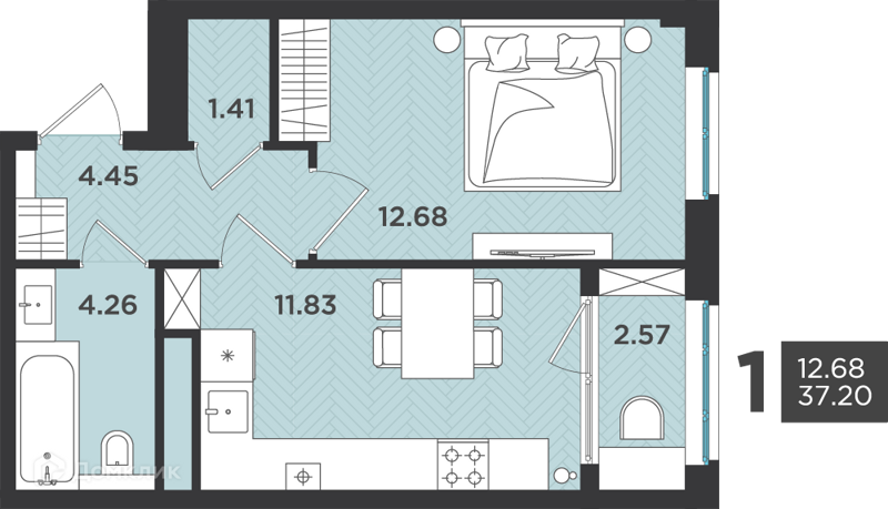 Планировка: 1 комната · 37,2 м²