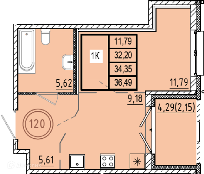Планировка: 1 комната · 32,2 м²