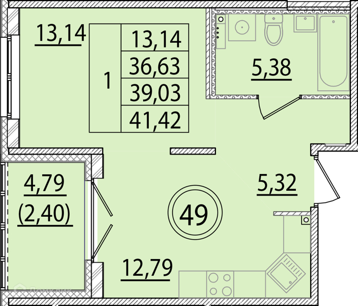 Планировка: 1 комната · 36,63 м²