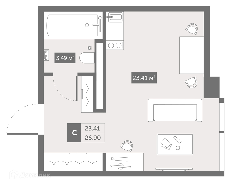 Планировка: Студия · 27,6 м²