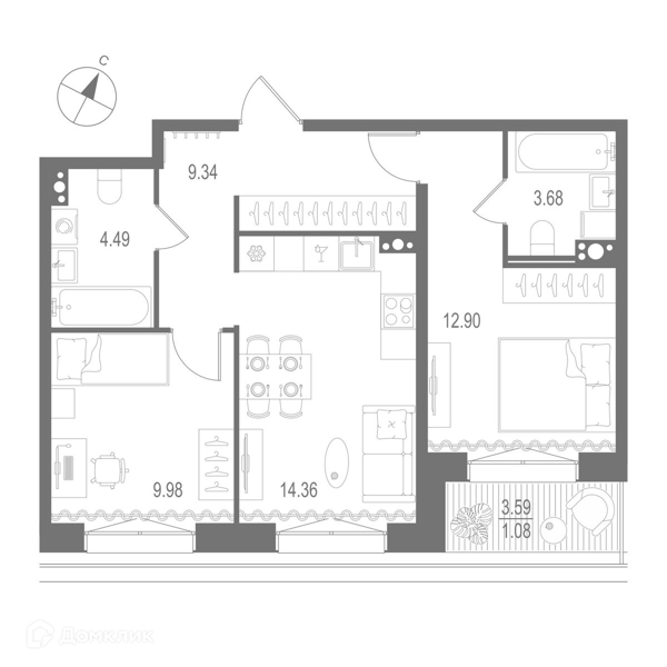 Планировка: 2 комнаты · 55,83 м²