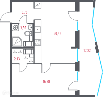 Планировка: 1 комната · 49,37 м²