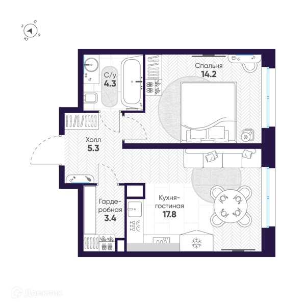 Планировка: 1 комната · 45 м²