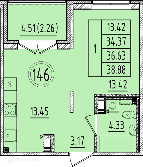 Планировка: 1 комната · 34,37 м²