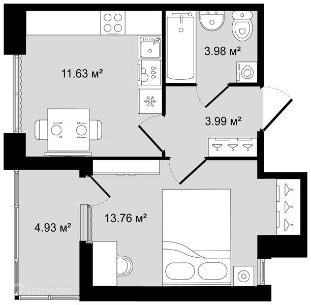 Планировка квартиры: 1 комната · 35,83 м²