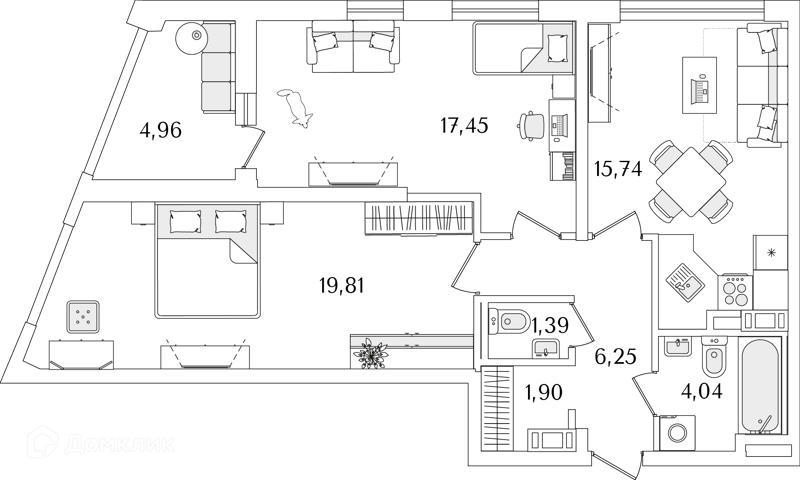 Планировка: 2 комнаты · 68,6 м²