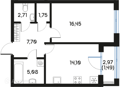 Планировка: 1 комната · 49,44 м²