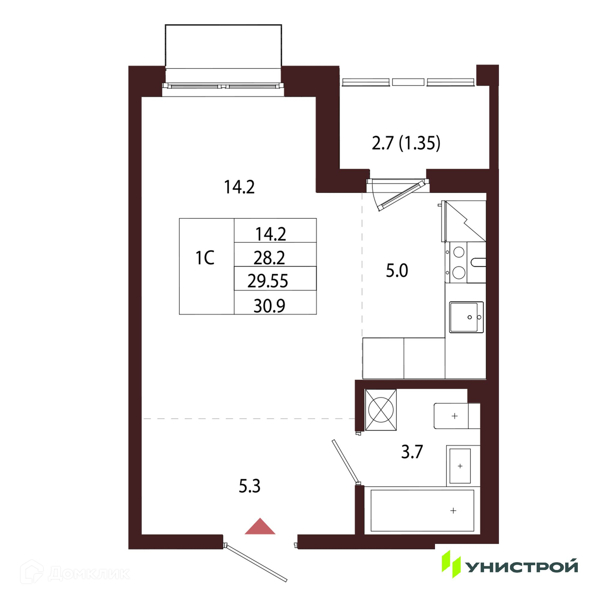 Планировка: Студия · 29,55 м²