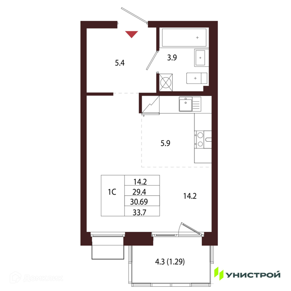Планировка: Студия · 30,69 м²
