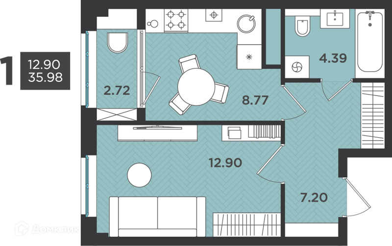 Планировка: 1 комната · 35,98 м²