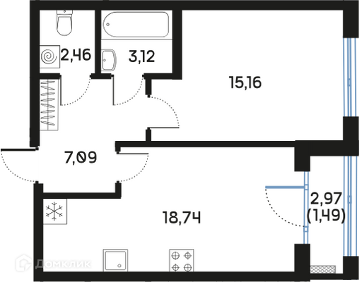 Планировка: 1 комната · 48,23 м²