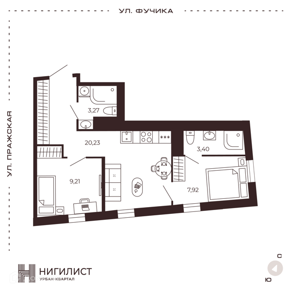 Планировка квартиры: 2 комнаты · 44,03 м²