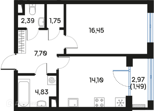 Планировка: 1 комната · 48,81 м²