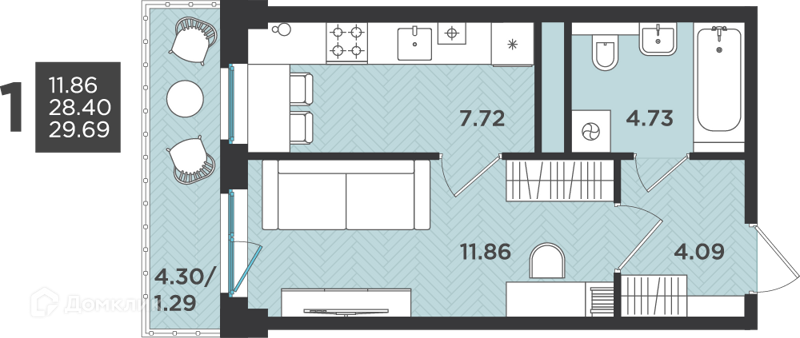 Планировка: 1 комната · 29,69 м²