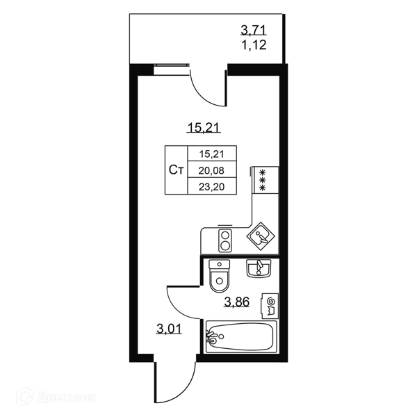Планировка квартиры: Студия · 23,2 м²