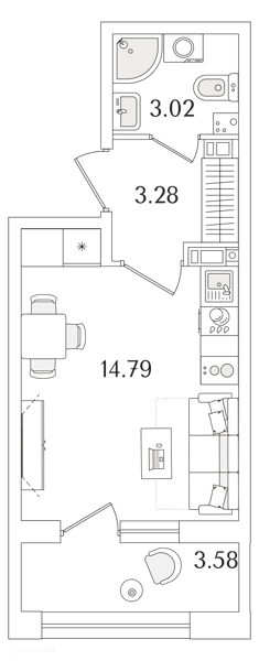 Планировка: Студия · 22,88 м²