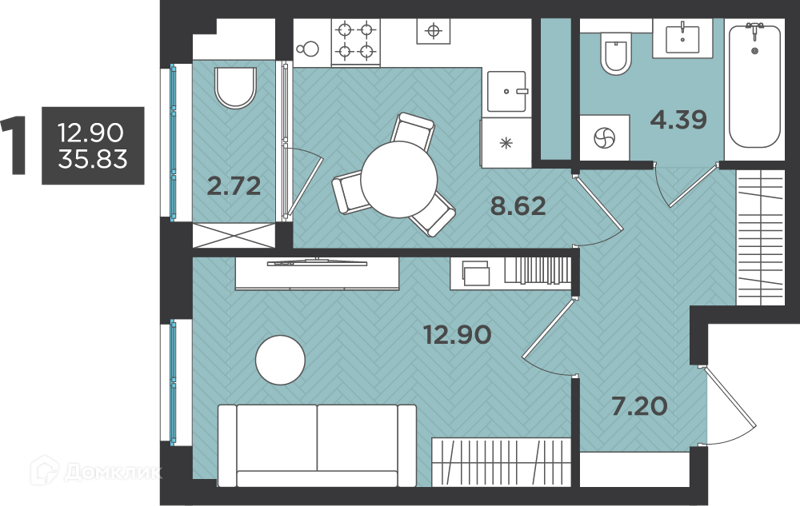 Планировка квартиры: 1 комната · 35,83 м²