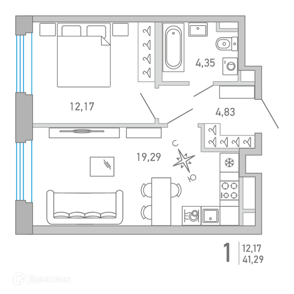 Планировка: 1 комната · 41,25 м²