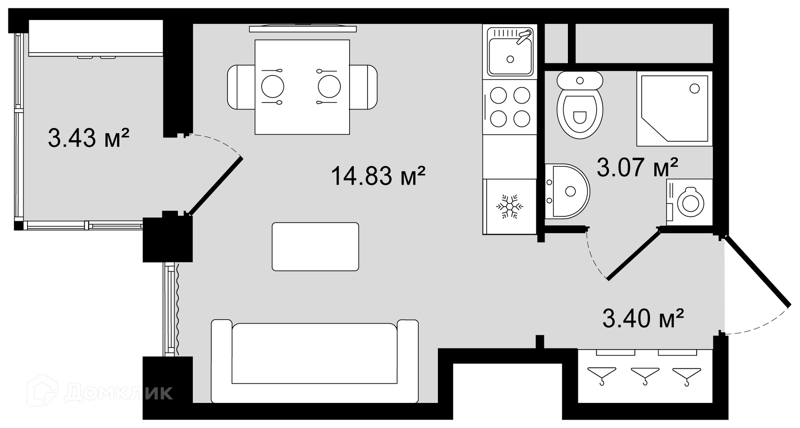 Планировка квартиры: Студия · 23,02 м²