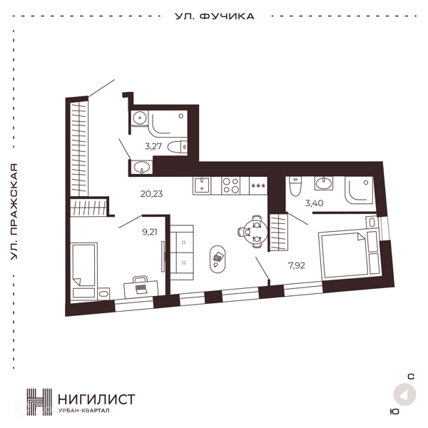 Планировка: 2 комнаты · 44,3 м²
