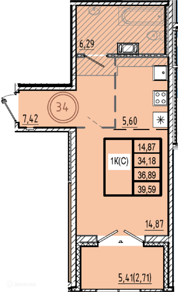 Планировка: Студия · 34,18 м²