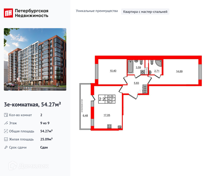Планировка: 2 комнаты · 54,27 м²