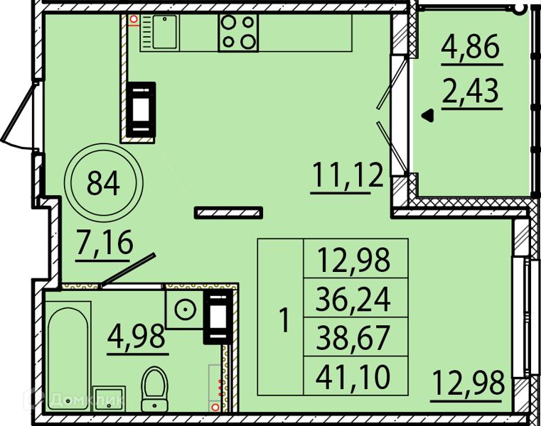 Планировка: 1 комната · 36,24 м²