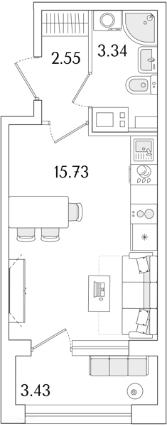 Планировка: Студия · 23,34 м²