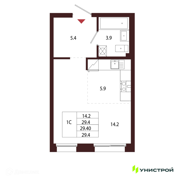 Планировка квартиры: Студия · 29,4 м²