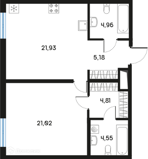 Планировка: 1 комната · 62,44 м²