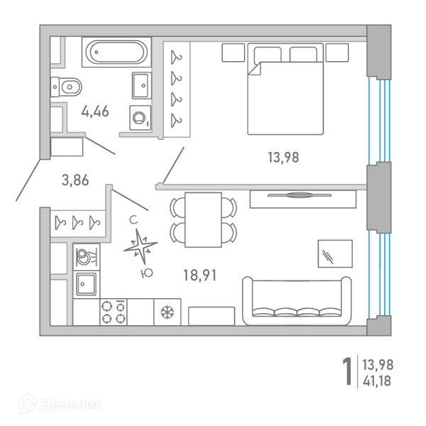 Планировка: 1 комната · 41,17 м²