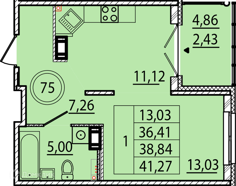 Планировка: 1 комната · 36,41 м²
