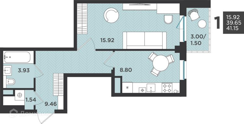 Планировка: 1 комната · 41,15 м²