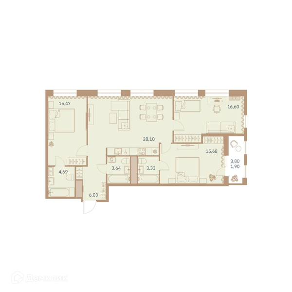Планировка: 3 комнаты · 95,6 м²