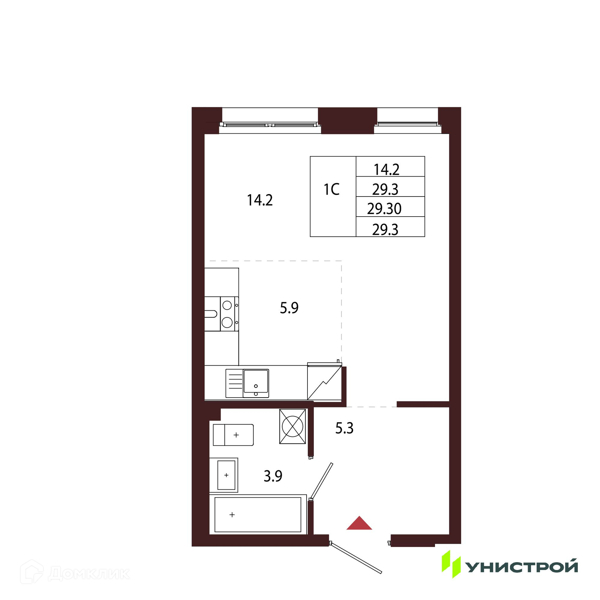 Планировка квартиры: Студия · 29,3 м²