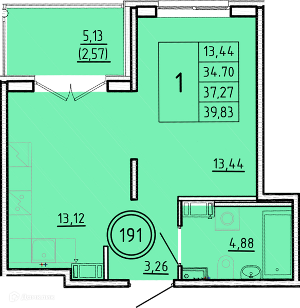 Планировка квартиры: 1 комната · 34,7 м²