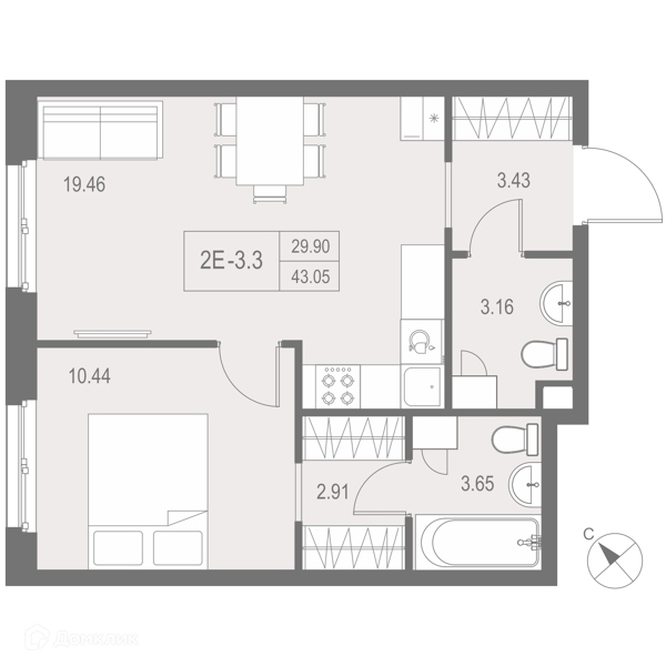 Планировка: 1 комната · 43,4 м²