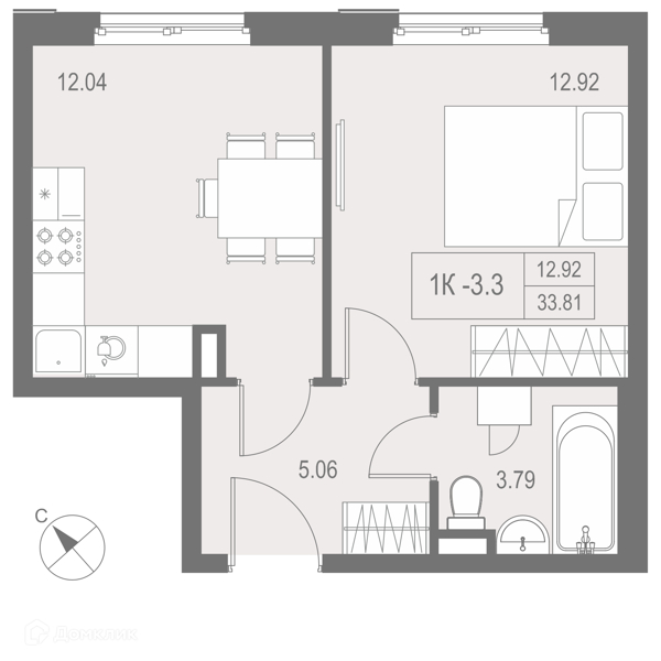 Планировка: 1 комната · 34,2 м²