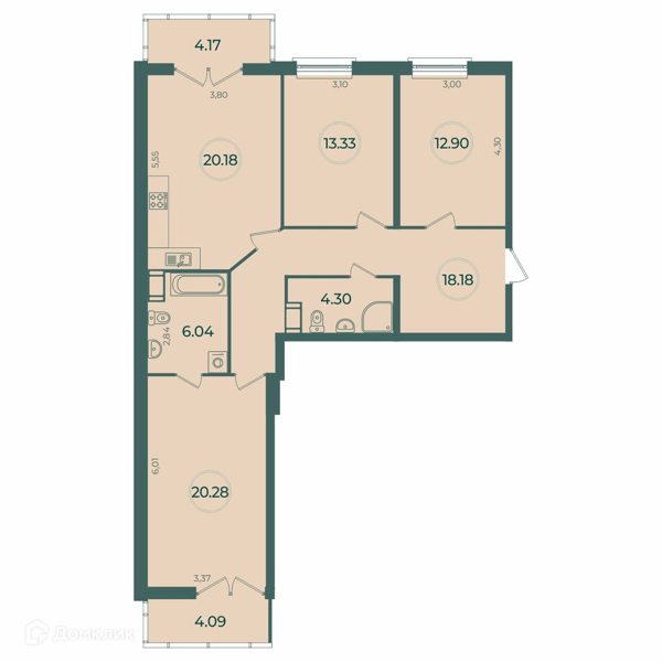 Планировка: 3 комнаты · 97,69 м²