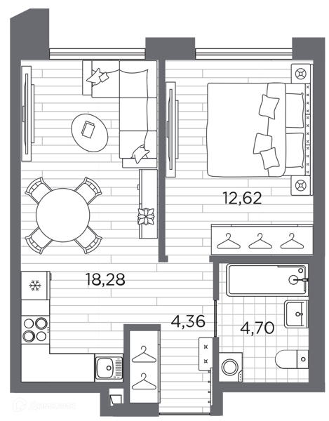 Планировка: 1 комната · 39,96 м²